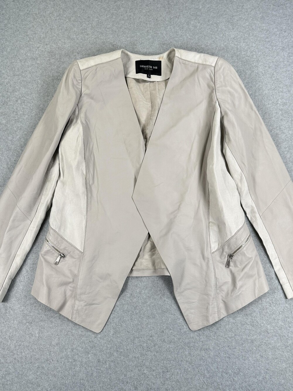 Lafayette 148 New York Leather Jacket Womens 4 Beige Collarless Zip Linen